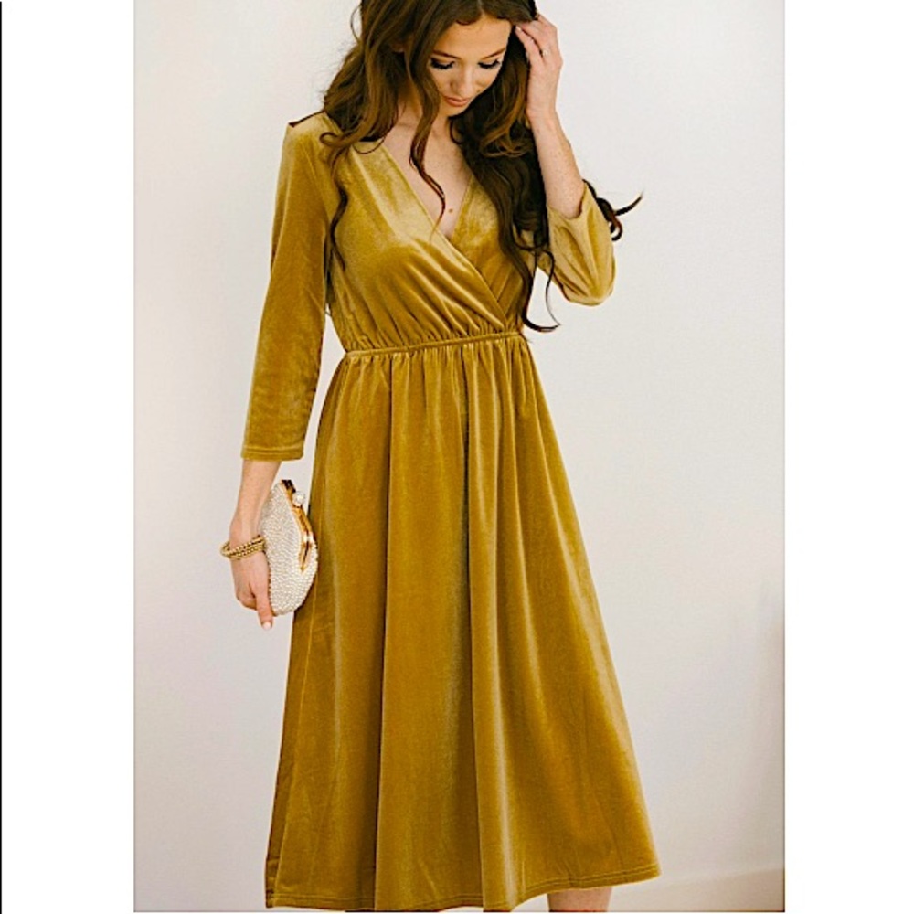 SOLD Gold Velvet 3/4 Sleeve V Neck Midi Dress - Picture 2 of 2